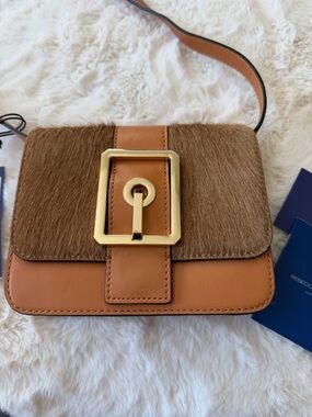 Rebecca Minkoff Tan Leather & Haircalf Crossbody with Gold Buckle